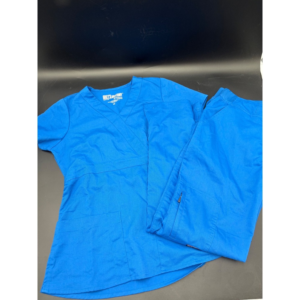 Greys Anatomy Womens Barco Scrub Set Blue V-Neck Zip Pocket XSP Excellent